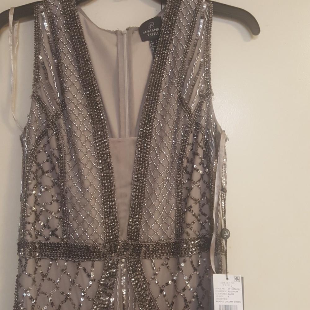 Adrianna Papell Beaded V-Neck Gown Platinum Size 4 - Picture 5 of 7